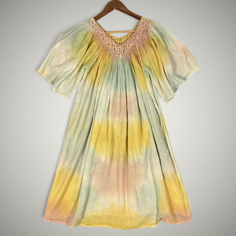 Jen's Pirate Booty Rainbow Tie Dye Ripple Kaftan 100% Cotton Gauze Size Med
